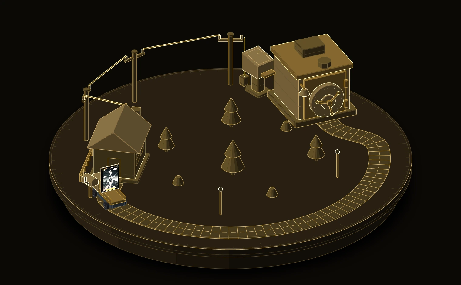 A round diorama: a gold vault with a terminal, a phone line on poles to a house with a mailbox, and a road a delivery van drives between them.